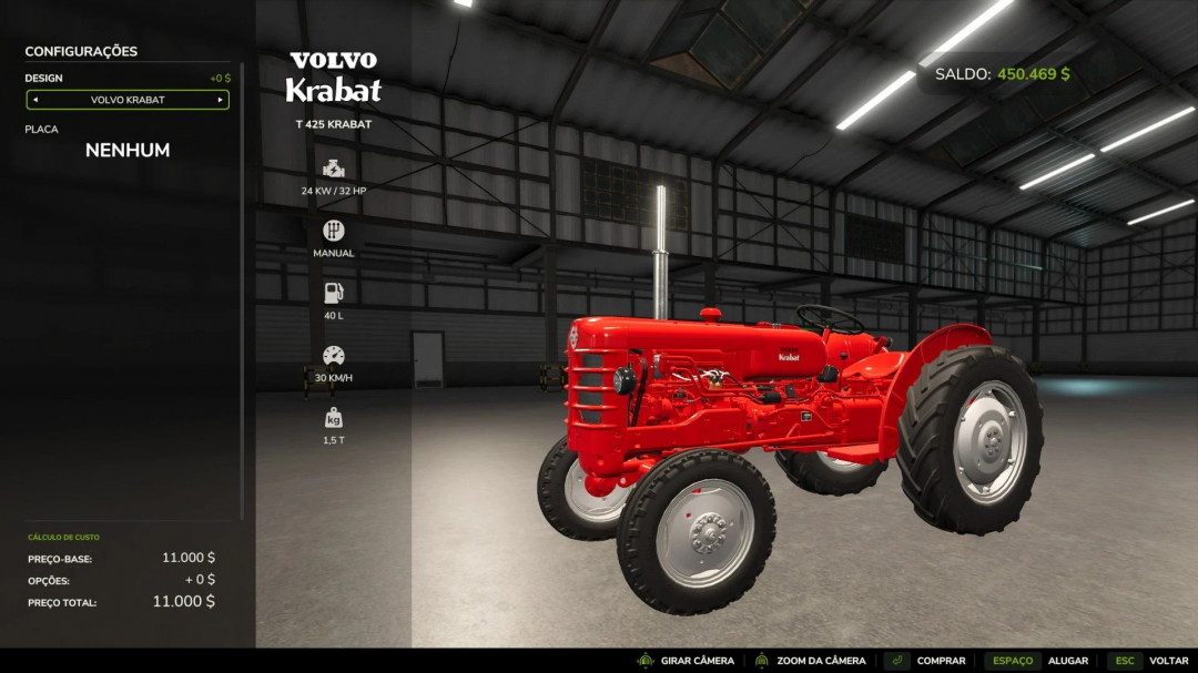 Volvo t425 Krabat tractor mod in FS25 with specifications shown in a virtual garage.