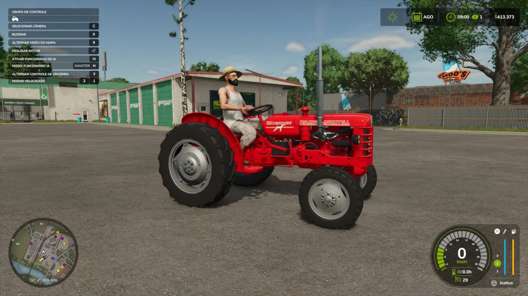 FS25 Volvo t425 mod, red tractor parked in a virtual farm setting.