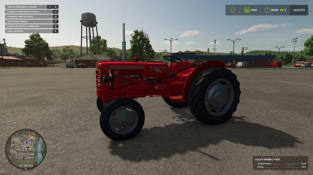 Red Volvo t425 tractor mod in Farming Simulator 25, parked on a sunny farm landscape. FS25 mods showcase vintage machinery.