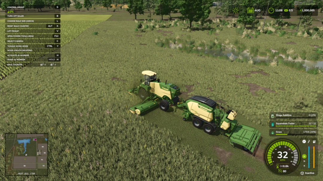 FS25 mod Yurg's Custom Pack features a tractor baling hay in a lush green field.