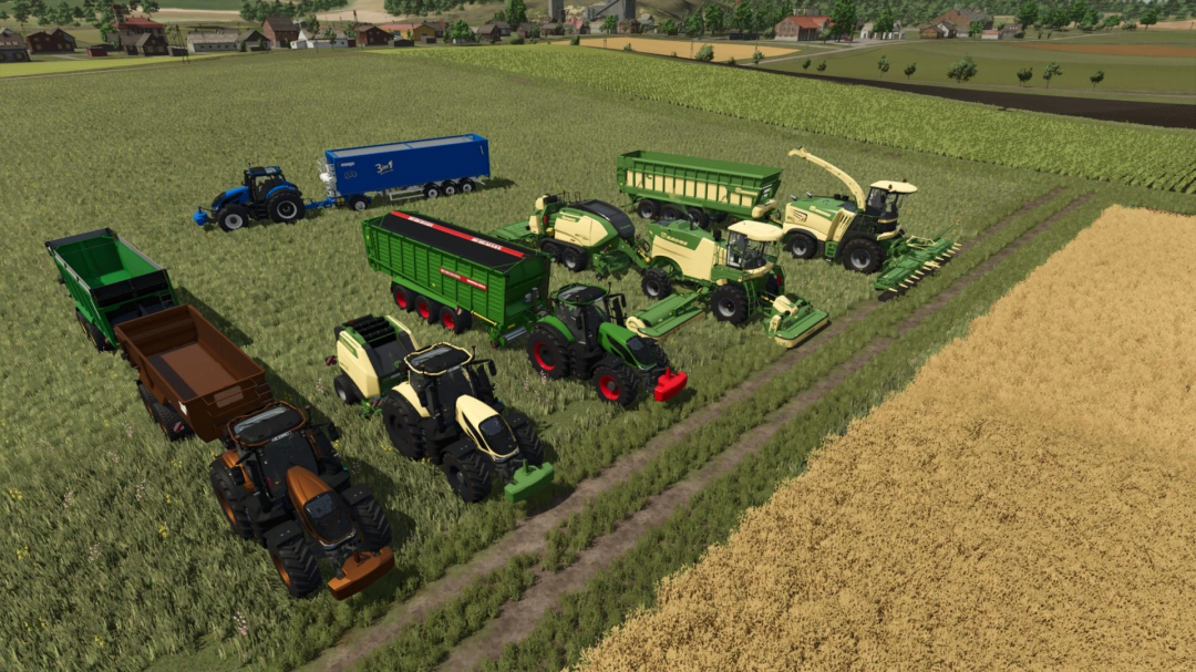 FS25 Yurg's Custom Pack v1.0.1.0 showcasing various farm vehicles and trailers on a field in Farming Simulator 25.