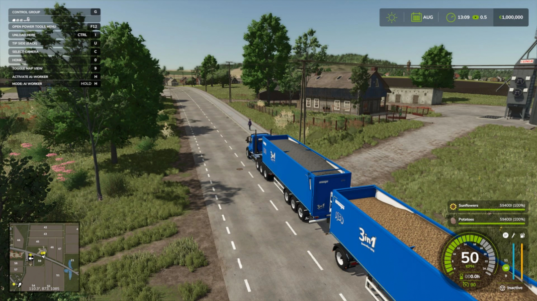 FS25 mods: Blue trailers from Yurg's Custom Pack v1.0.1.0 transporting crops down a rural road.