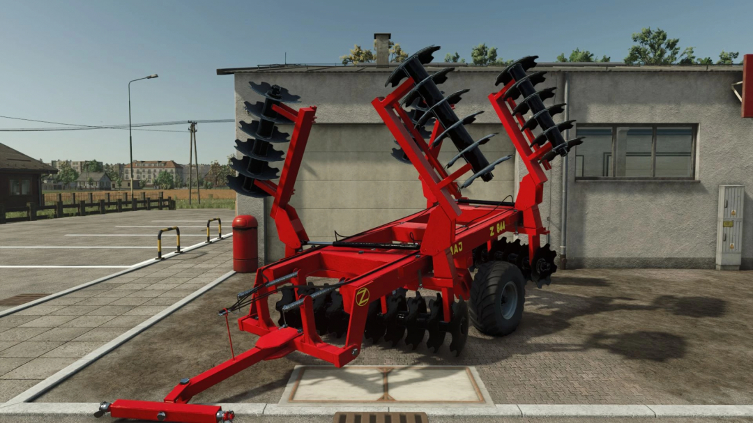 Red Zmaj Z844 mod for FS25, Farming Simulator 25 parked outside a building.