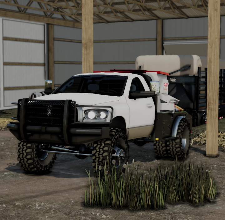 fs22-mods,  2007 Ram 2500 v1.0.0.0 FS22 mod in Farming Simulator 22, showcasing a white truck with off-road tires in a barn setting.