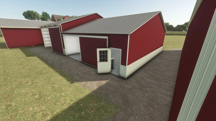 fs25-mods,  FS25 mod 42x68 heated and cold storage building in red with open door, showcased in Farming Simulator 25.