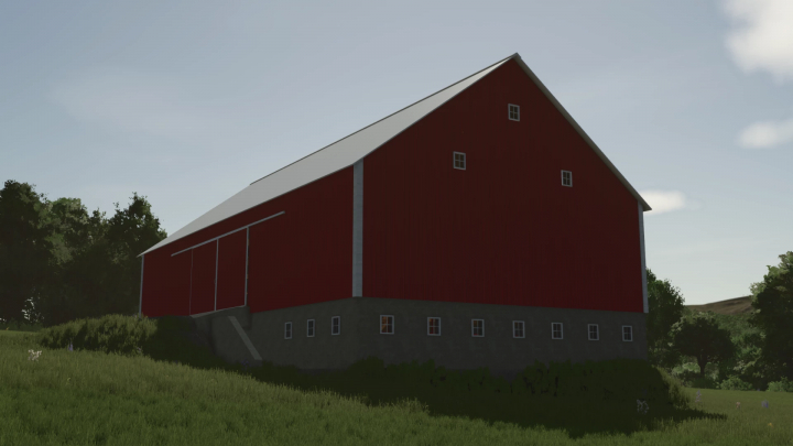 fs25-mods,  48x90 Bank Barn mod in FS25, showing a large red barn on a grassy hillside.