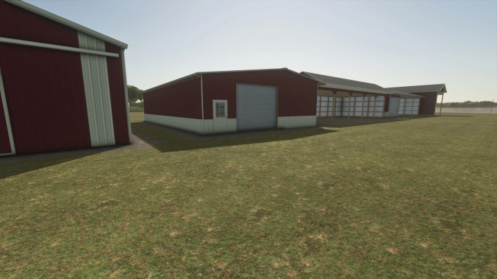 fs25-mods,  60x40 Shop mod in FS25, featuring a large red barn structure on grassy terrain.