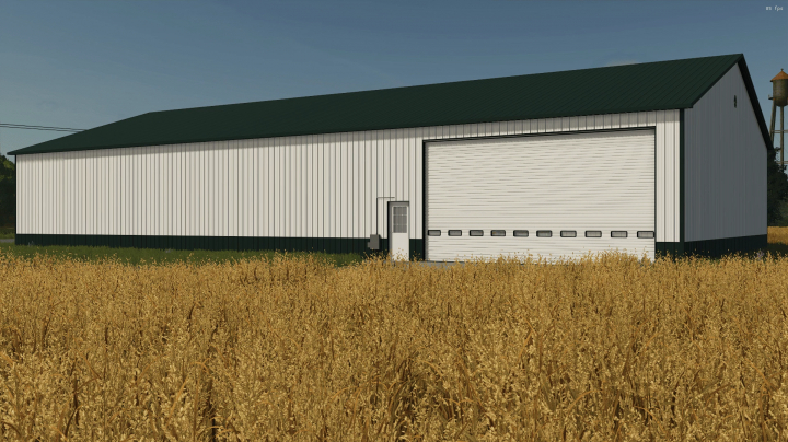 fs25-mods,  FS25 mod 66x120 Shop featuring a large white warehouse with a green roof, set in a field. Farming Simulator 25 mods.