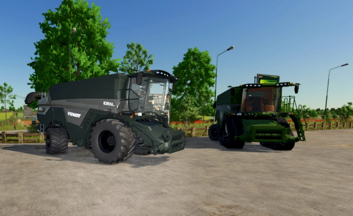 fs25-mods,  Two harvesters, including a Fendt, from the AGCO Ideal Pack Edit mod for Farming Simulator 25, parked on a road.