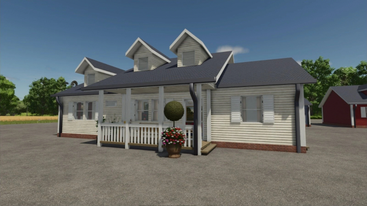 fs25-mods,  American Farmhouse mod in FS25, showcasing a quaint white house with blue roof and porch.