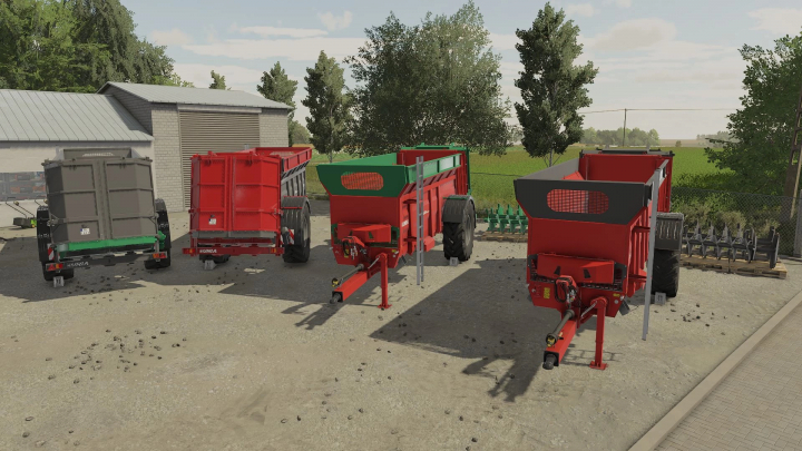 fs22-mods,  FS22 Apollo 16 Premium v1.1.0.0 mod with red and green farm trailers in a yard setting.