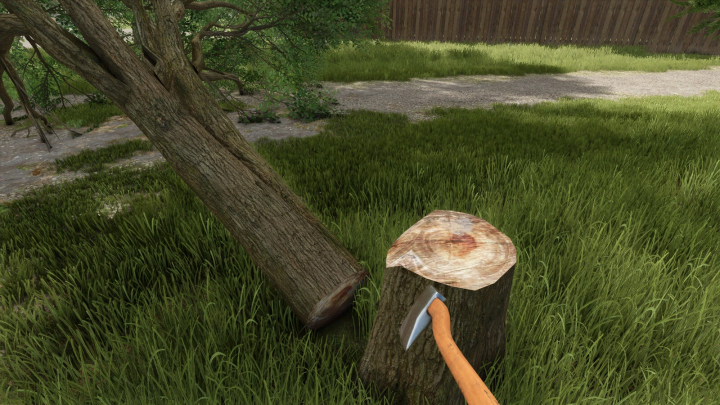 fs25-mods,  FS25 mod Axe v1.0.0.0: A chopped tree and an axe on a stump in lush greenery.