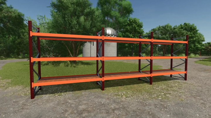 fs25-mods, Bale and pallet warehouse storage racks in FS25 mod, showcasing sturdy orange and brown shelves against a backdrop of greenery.