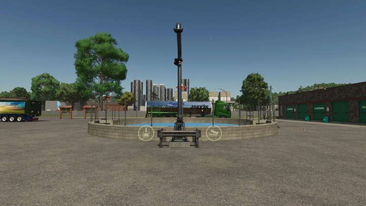 fs25-mods,  FS25 mod Basic Tank v1.0.0.0; a tank and trailer setup in an industrial area with trees and buildings in the background.