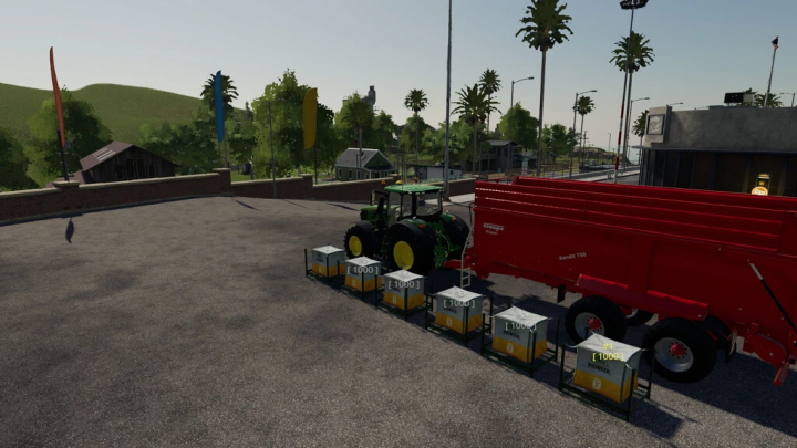 fs25-mods,  FS25 mods: A green tractor with a red Bandit 750 trailer and bulk fill containers in Farming Simulator 25.