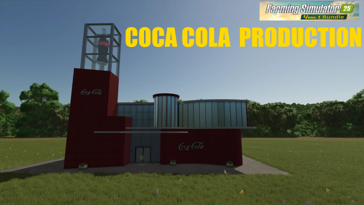 fs25-mods,  Coca Cola production building mod in FS25, featuring a red factory with logo, surrounded by fields, in Farming Simulator 25.