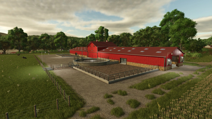 fs25-mods,  Cow Barn XL v1.0.0.0 mod for FS25, featuring a large red barn in a lush landscape.