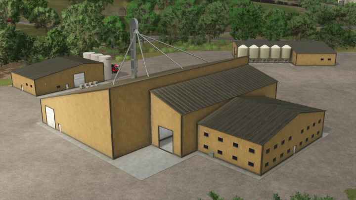 fs25-mods, Crop Inputs Co-operative mod buildings in FS25, showcasing a farm supply facility with storage and silos.