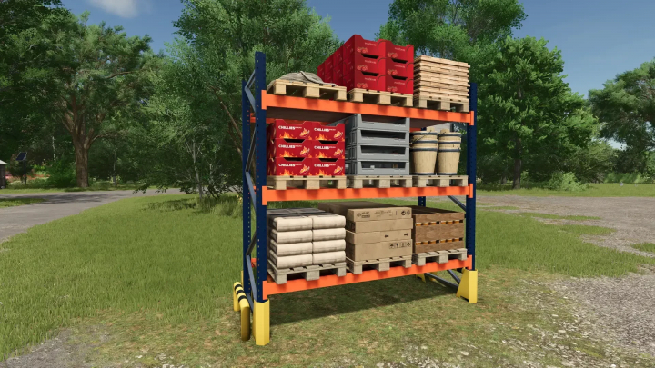 fs25-mods,  FS25 Bale and Pallet Storage mod showcasing organized storage racks in a lush, green outdoor setting.