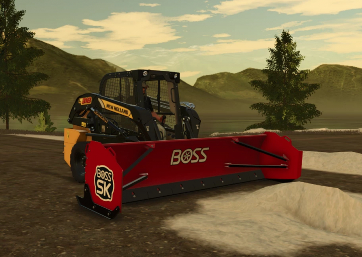 fs25-mods,  FS25 Boss SK Box Plow v1.0.0.0 mod featuring a New Holland skid steer pushing snow in Farming Simulator 25.