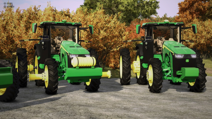 fs25-mods,  FS25 John Deere 8R tractors in autumn setting, showcasing Farming Simulator 25 mods.