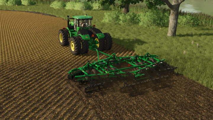 fs25-mods, FS25 mod image of a tractor using the Summers Diamond Disc DT2510 on a farm field.