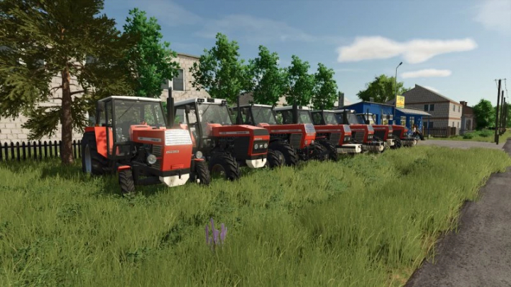 fs25-mods,  Lineup of red Ursus tractors in FS25 mod, parked on grass along a rural road.