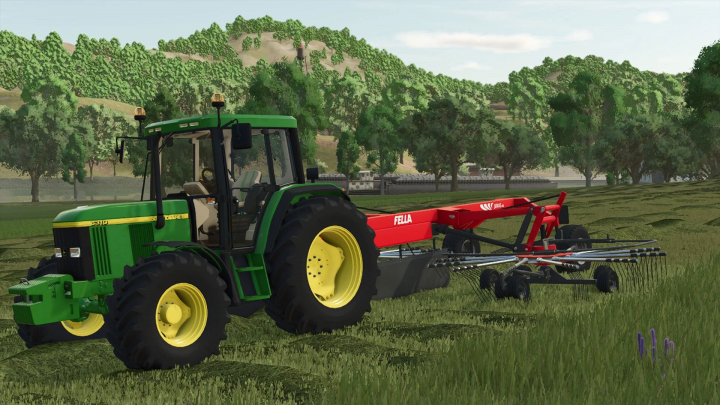 fs25-mods, FS25 mod Fella Juras 880 v1.0.0.0, green tractor with red hay rake in a grassy field.