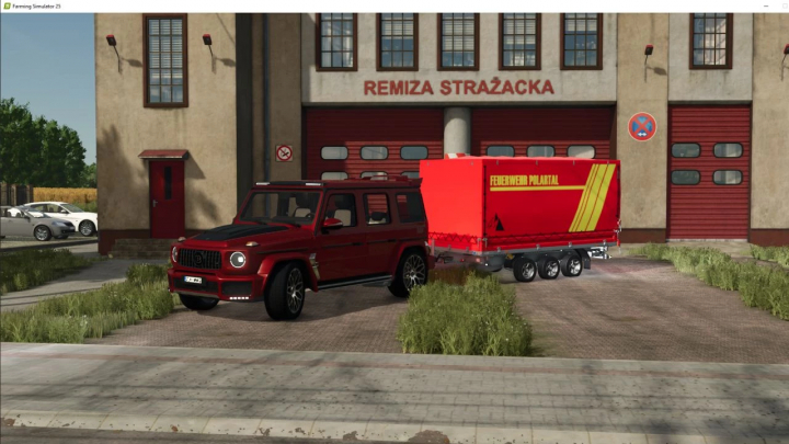 fs25-mods,  Fire department trailer mod in FS25, featuring a red off-road vehicle with a firefighting trailer parked outside a fire station.