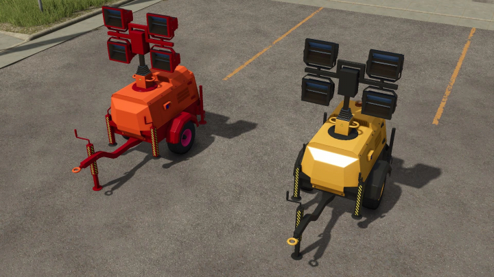 fs25-mods, FS25 Flood Light v1.0.0.0 mod showing red and yellow mobile floodlights in a parking lot.