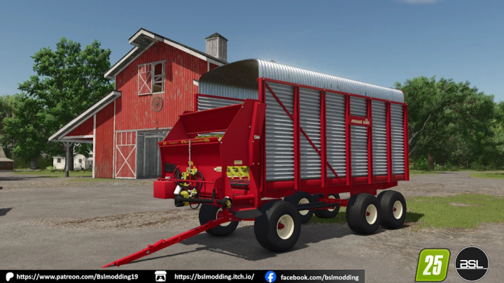 fs25-mods,  Image of the Forage King forage box mod for FS25, showcasing a red trailer in front of a barn.