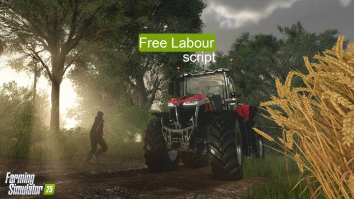 fs25-mods,  FS25 mod Free Labour V1.0.0.0, showcasing a person working near a tractor in a lush farm setting.