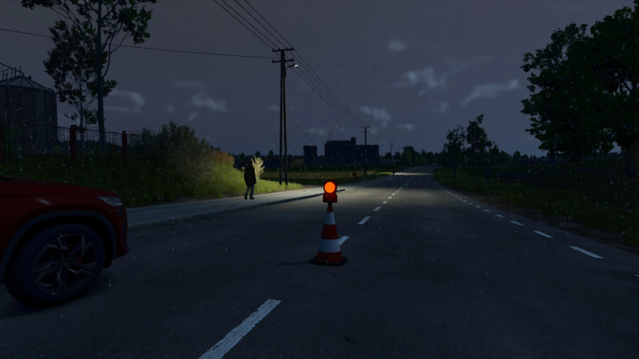 fs25-mods, FS25 mod showing traffic safety cone with light on a rainy road at night