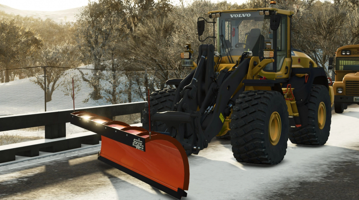 fs25-mods,  FS25 mod: GoodRoads Snowplow v1.0.0.0 clearing snow with a Volvo loader in winter scenery.