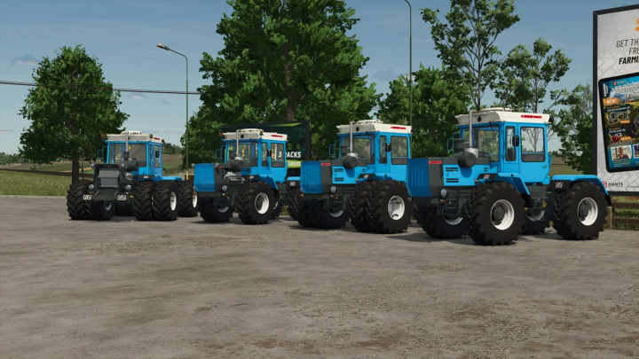 fs25-mods,  Four blue HTZ-17221 tractors parked on a farm in FS25 mod, Farming Simulator 25.