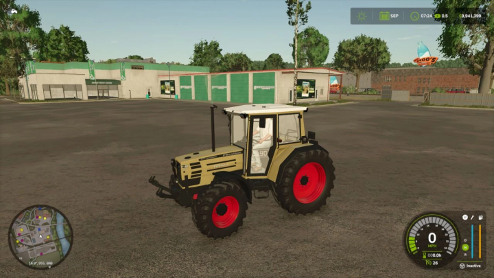 fs25-mods,  Hürlimann H488 tractor mod in FS25, showcasing detailed design with red wheels in a farming yard.