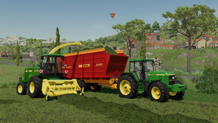 fs22-mods, FS22 mods showcase John Deere 6610 and 6910 tractors with farming equipment on a scenic field. Farming Simulator 22 mods.