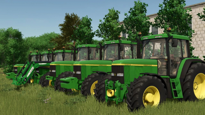 fs25-mods, A lineup of John Deere 6x10 Series tractors in Farming Simulator 25 mods. Green tractors are parked on grassy terrain.