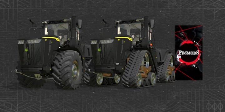 fs25-mods,  John Deere 9R and 9RX Black tractors mod for FS25. Showcases powerful farming vehicles by PBSMods on a textured background.