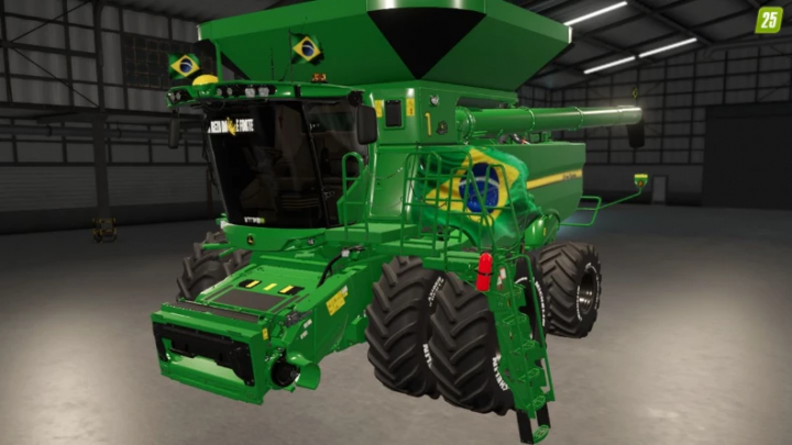 fs22-mods, John Deere S700 BR v1.0.0.0 mod in FS22, featuring a green combine harvester with Brazilian flags in a farm shed setting.