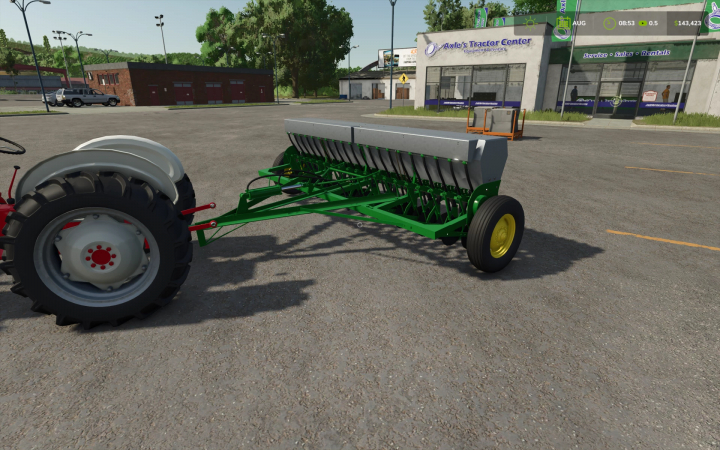 fs25-mods,  FS25 mod: John Deere Van Brunt model B drill in a parking lot, showcasing Farming Simulator 25 features.