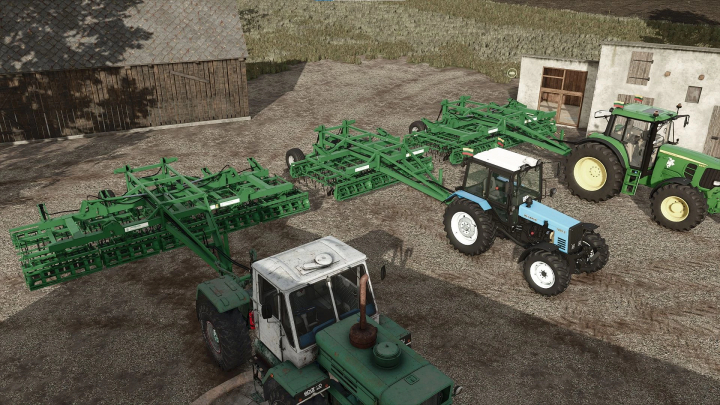 fs25-mods,  Laumetris KLG Pack v1.0.0.0 mod in FS25 showing tractors with green agricultural equipment.