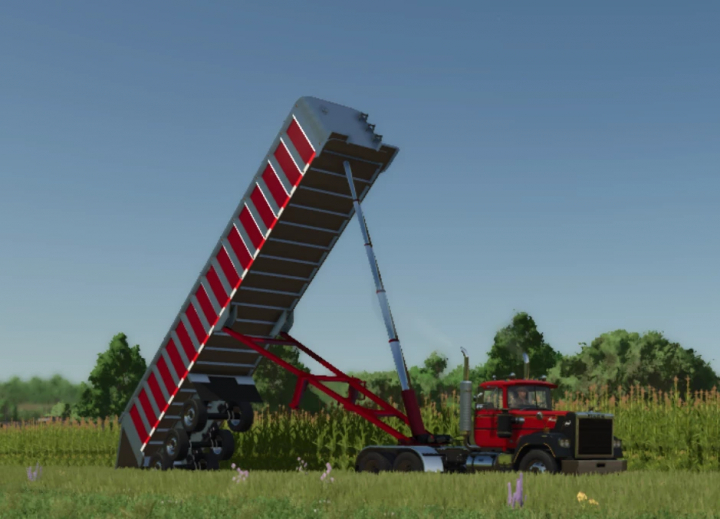 fs25-mods,  Lizard frameless end dump mod for FS25 featuring a red truck with trailer lifted, in a field setting.