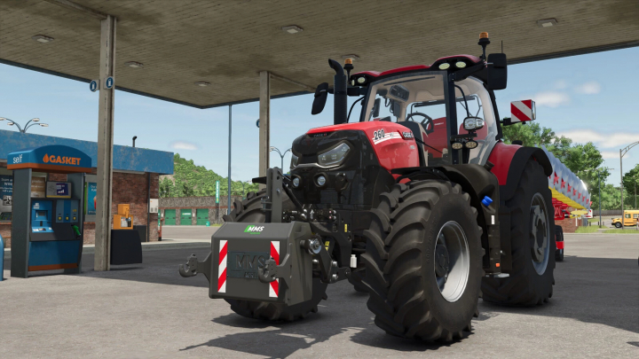 fs25-mods,  FS25 mod image showing a tractor with MMS Agriline Weight Pack v1.0.0.0 at a gas station.