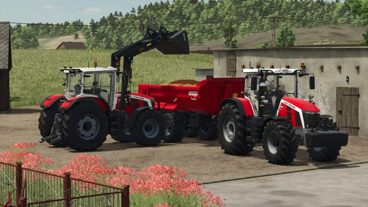 fs25-mods,  Two Massey Ferguson 8S tractors featured in FS25 mod, set in a farm environment with a red trailer.