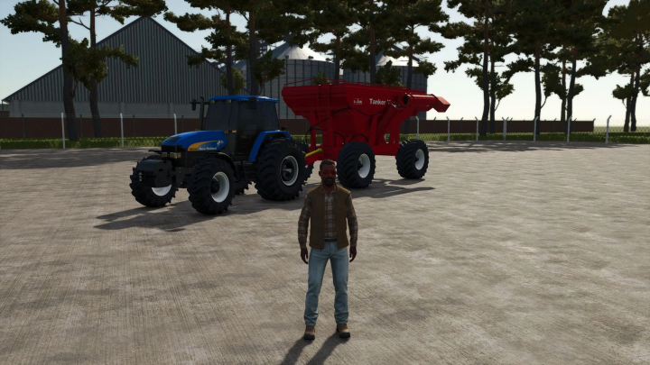 fs25-mods, FS25 mod New Holland TM 7040 tractor with red tanker on farmyard