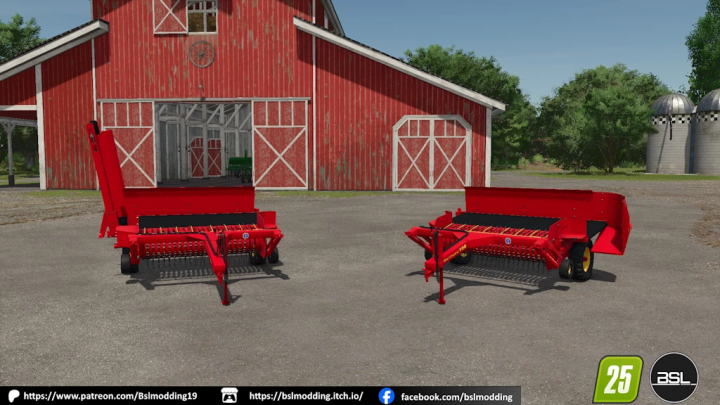 fs25-mods, FS25 mod New Holland 166 v1.0.0.0, red agricultural machinery in front of a barn in Farming Simulator 25.