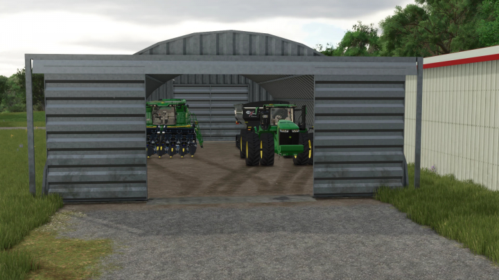 fs25-mods,  FS25 mods: North American Shed with farming equipment inside, showcasing the Farming Simulator 25 North American Shed Pack v1.0.0.0.