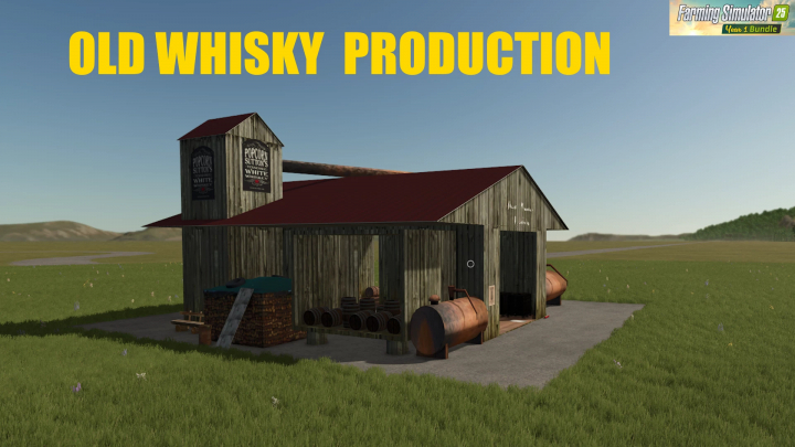 fs25-mods, FS25 mod OLD WHISKY PRODUCTION v1.0.0.0 featuring a rustic distillery on a grassy field in Farming Simulator 25.