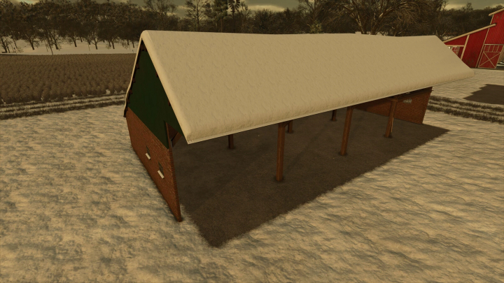 fs25-mods,  Covered barn from Old Farm Package mod in FS25, featuring snow-covered roof and open sides.